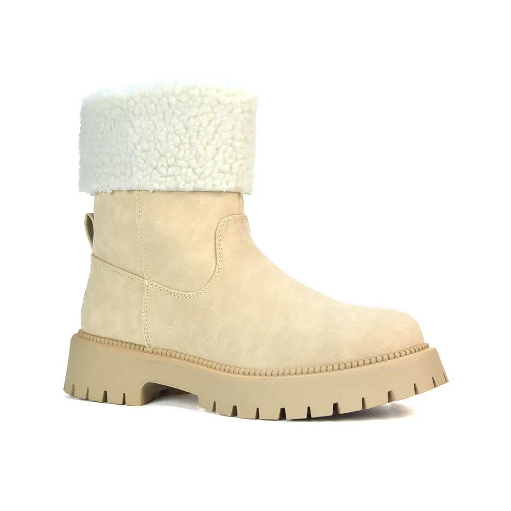 Vienna Faux Fur Chunky Biker Ankle Boots in Taupe PU sold by XYlondon product image thumbnail 3