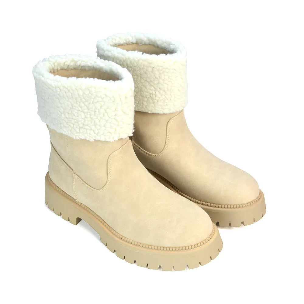 Vienna Faux Fur Chunky Biker Ankle Boots in Taupe PU sold by XYlondon product image thumbnail 5
