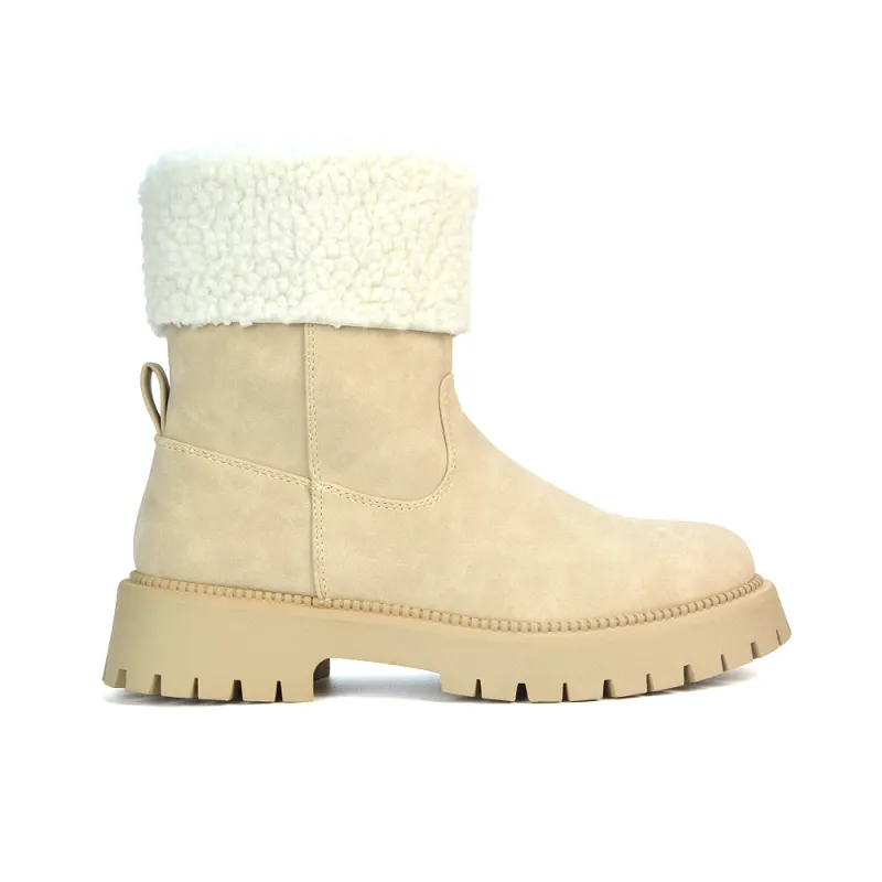 Vienna Faux Fur Chunky Biker Ankle Boots in Taupe PU sold by XYlondon