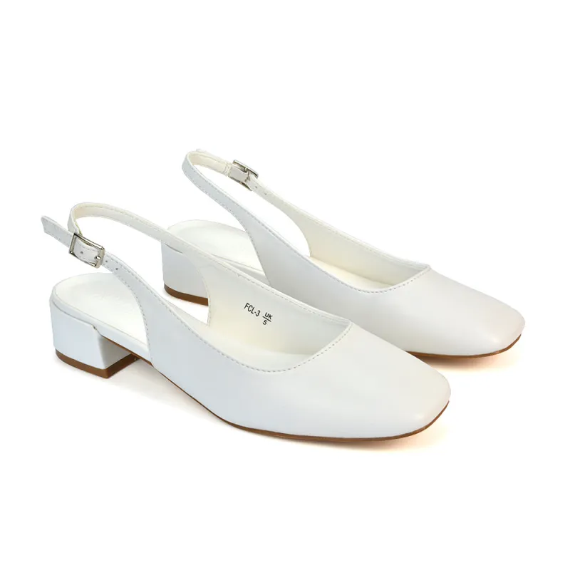 Luna Slingback Closed Square Toe Low Block Heel Shoes in White Synthetic Leather sold by XYlondon