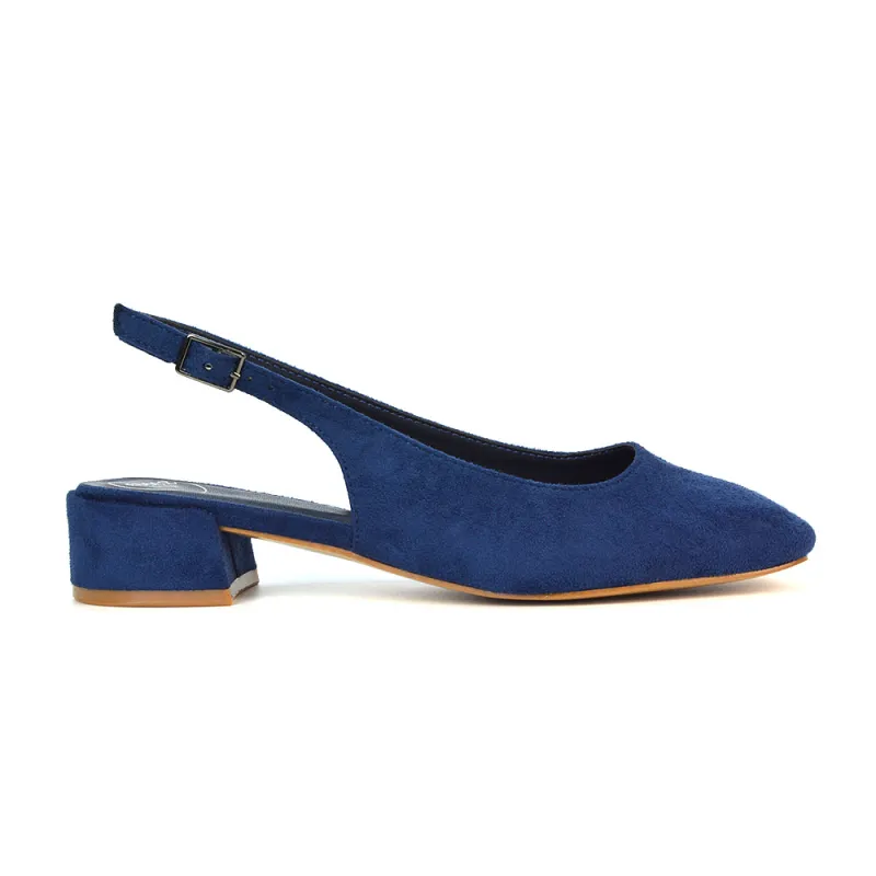 Luna Slingback Closed Square Toe Low Block Heel Shoes in Navy Faux Suede sold by XYlondon