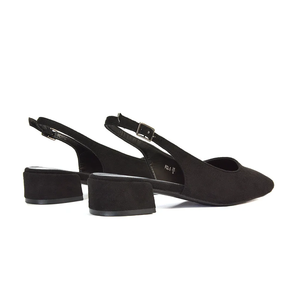 Luna Slingback Closed Square Toe Low Block Heel Shoes in Black Faux Suede sold by XYlondon product image thumbnail 2