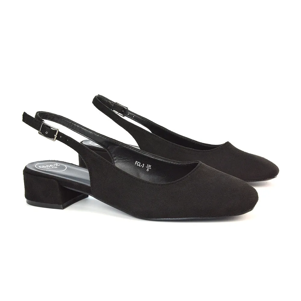 Luna Slingback Closed Square Toe Low Block Heel Shoes in Black Faux Suede sold by XYlondon product image thumbnail 5