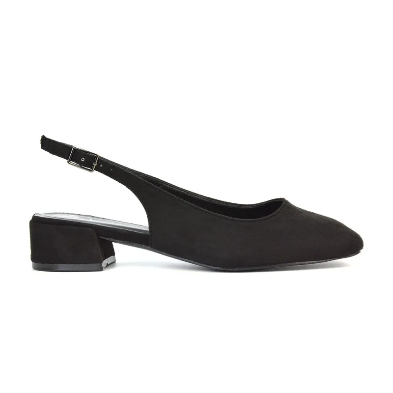 Luna Slingback Closed Square Toe Low Block Heel Shoes in Black Faux Suede sold by XYlondon