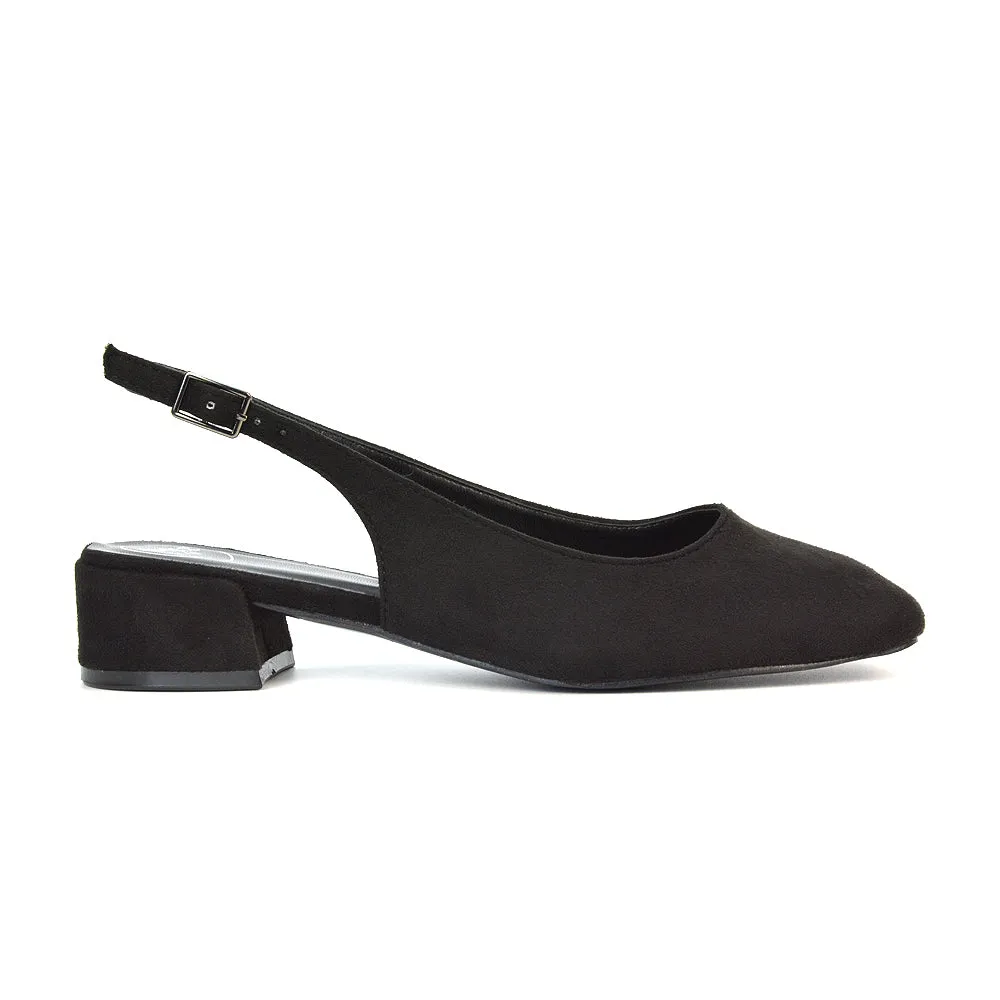 Luna Slingback Closed Square Toe Low Block Heel Shoes in Black Faux Suede sold by XYlondon