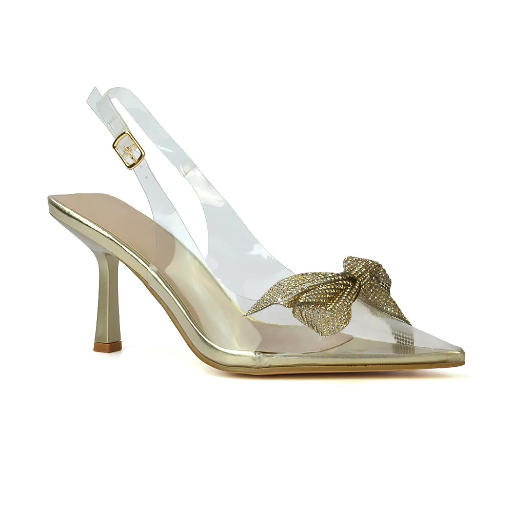 Alaina Diamante Bow Pointed Toe Perspex Court Shoes Slingback Stiletto Heels in Gold sold by XYlondon product image thumbnail 4