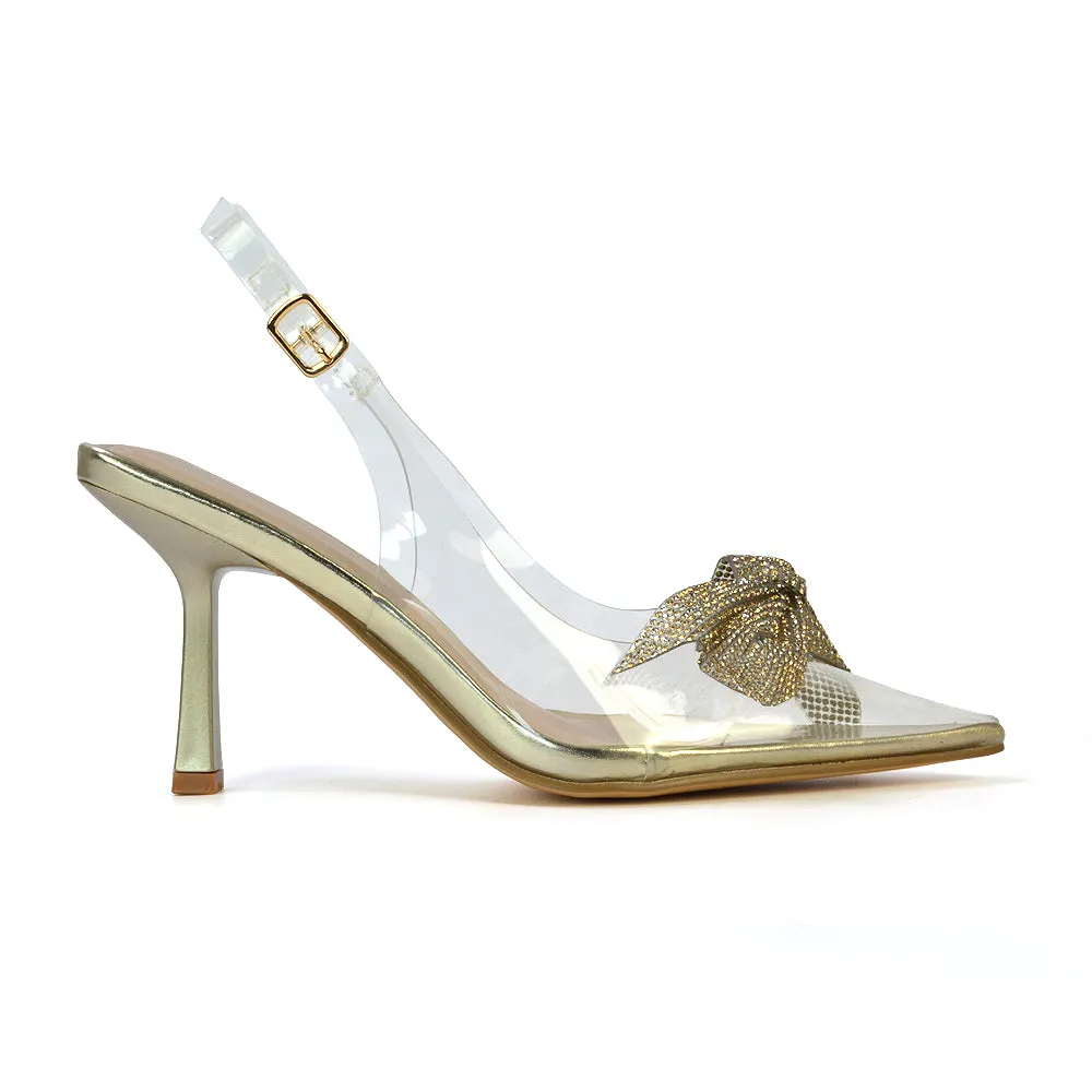Alaina Diamante Bow Pointed Toe Perspex Court Shoes Slingback Stiletto Heels in Gold sold by XYlondon product image thumbnail 5