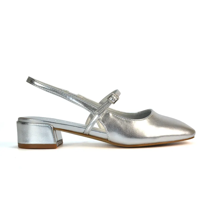 Marie Low Block Heel Square Toe Closed Toe Slingback Shoes in Silver Metallic sold by XYlondon