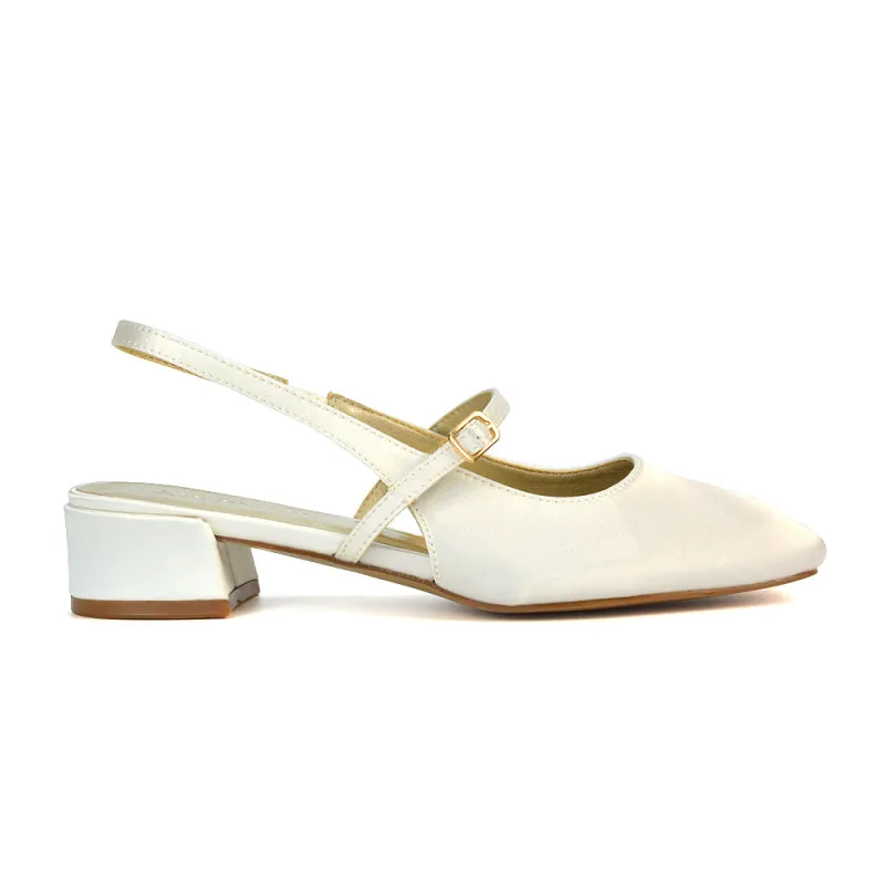 Marie Low Block Heel Square Toe Closed Toe Slingback Shoes in Ivory Satin sold by XYlondon