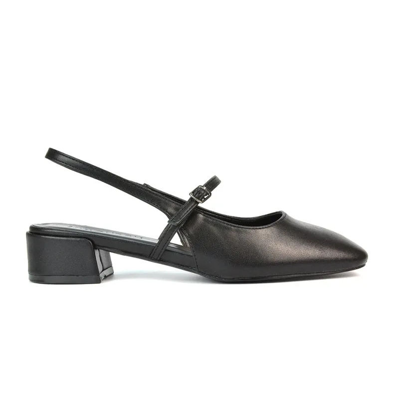 Marie Low Block Heel Square Toe Closed Toe Slingback Shoes in Black Synthetic Leather sold by XYlondon