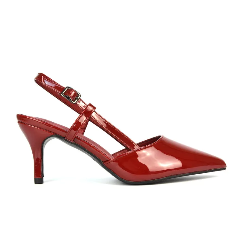 Karla Mid Heel Stilettos Pointed Toe Slingback Court Shoes in Cherry Red Patent sold by XYlondon