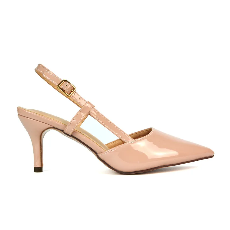 Karla Mid Heel Stilettos Pointed Toe Slingback Court Shoes in Nude Patent sold by XYlondon