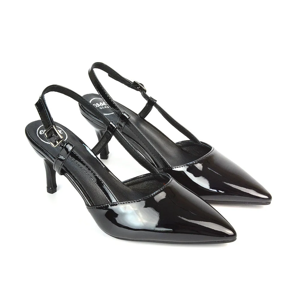 Karla Mid Heel Stilettos Pointed Toe Slingback Court Shoes in Black Patent sold by XYlondon product image thumbnail 4