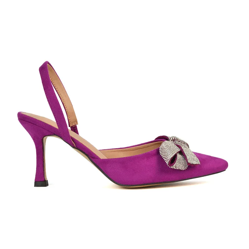 Victoria Diamante Bow Stiletto Slingback High Heel Shoes in Purple Faux Suede sold by XYlondon