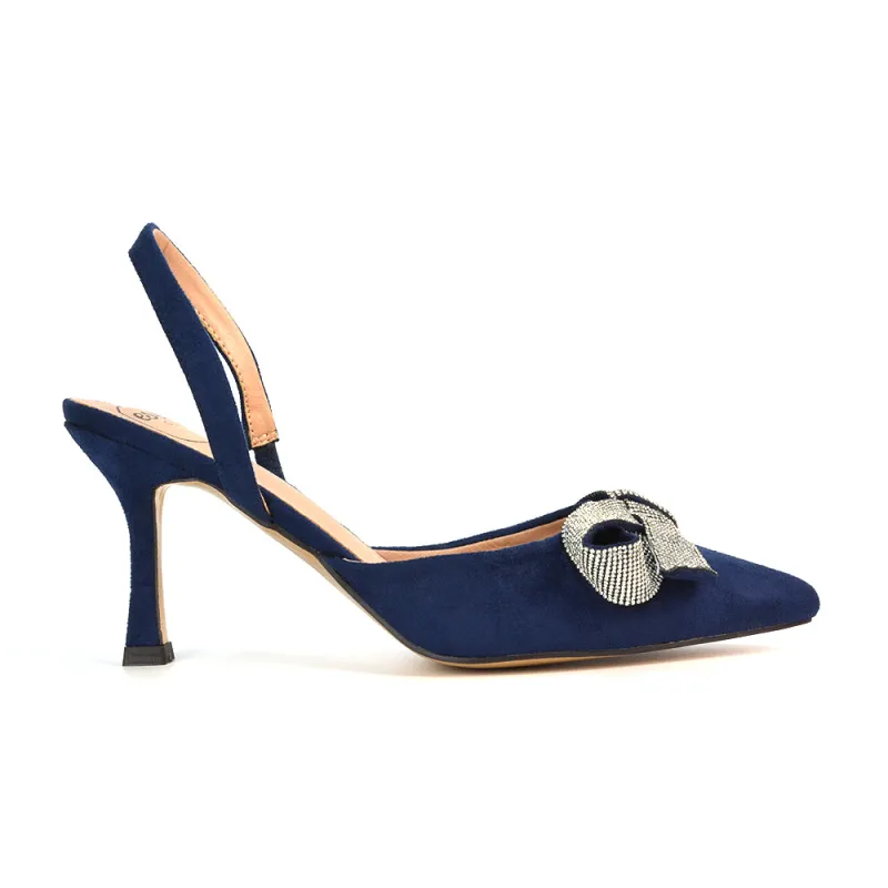 Victoria Diamante Bow Stiletto Slingback High Heel Shoes in Navy Faux Suede sold by XYlondon