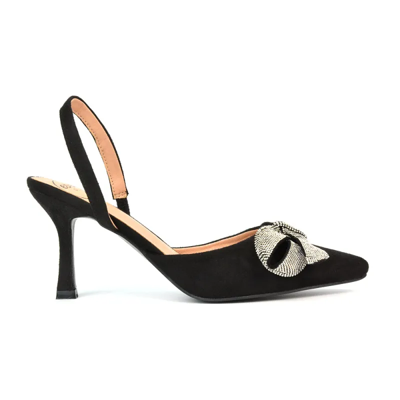 Victoria Diamante Bow Stiletto Slingback High Heel Shoes in Black Faux Suede sold by XYlondon