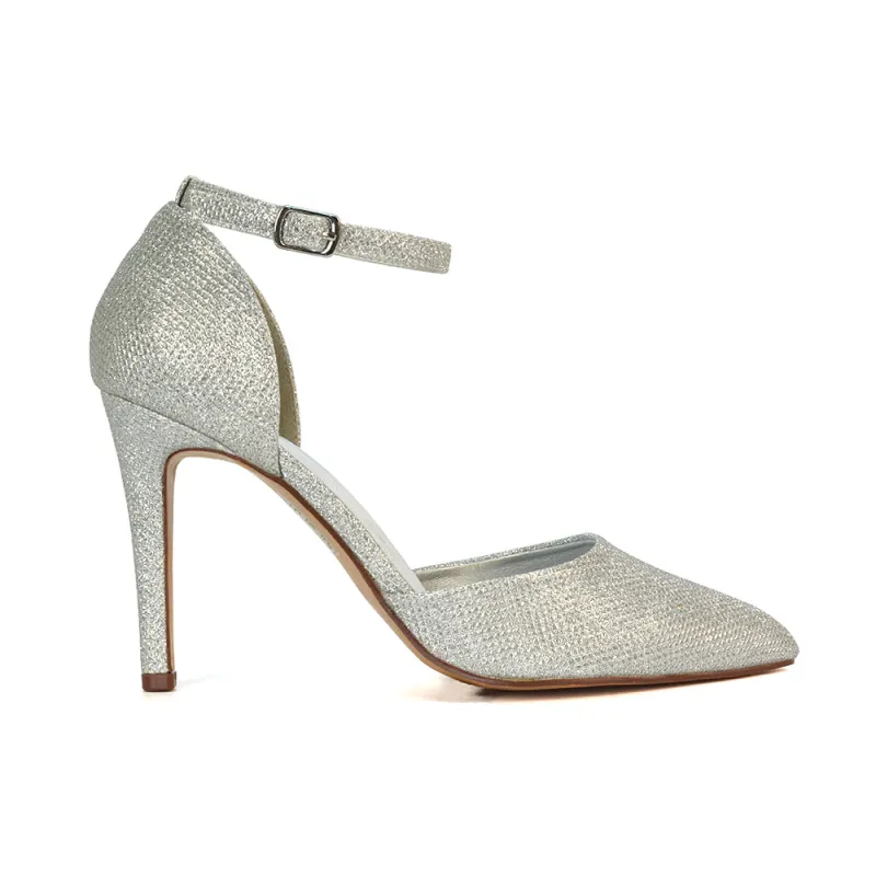 Ami High Heel Stilettos Pointed Toe Strappy Court Shoes in Silver Glitter sold by XYlondon