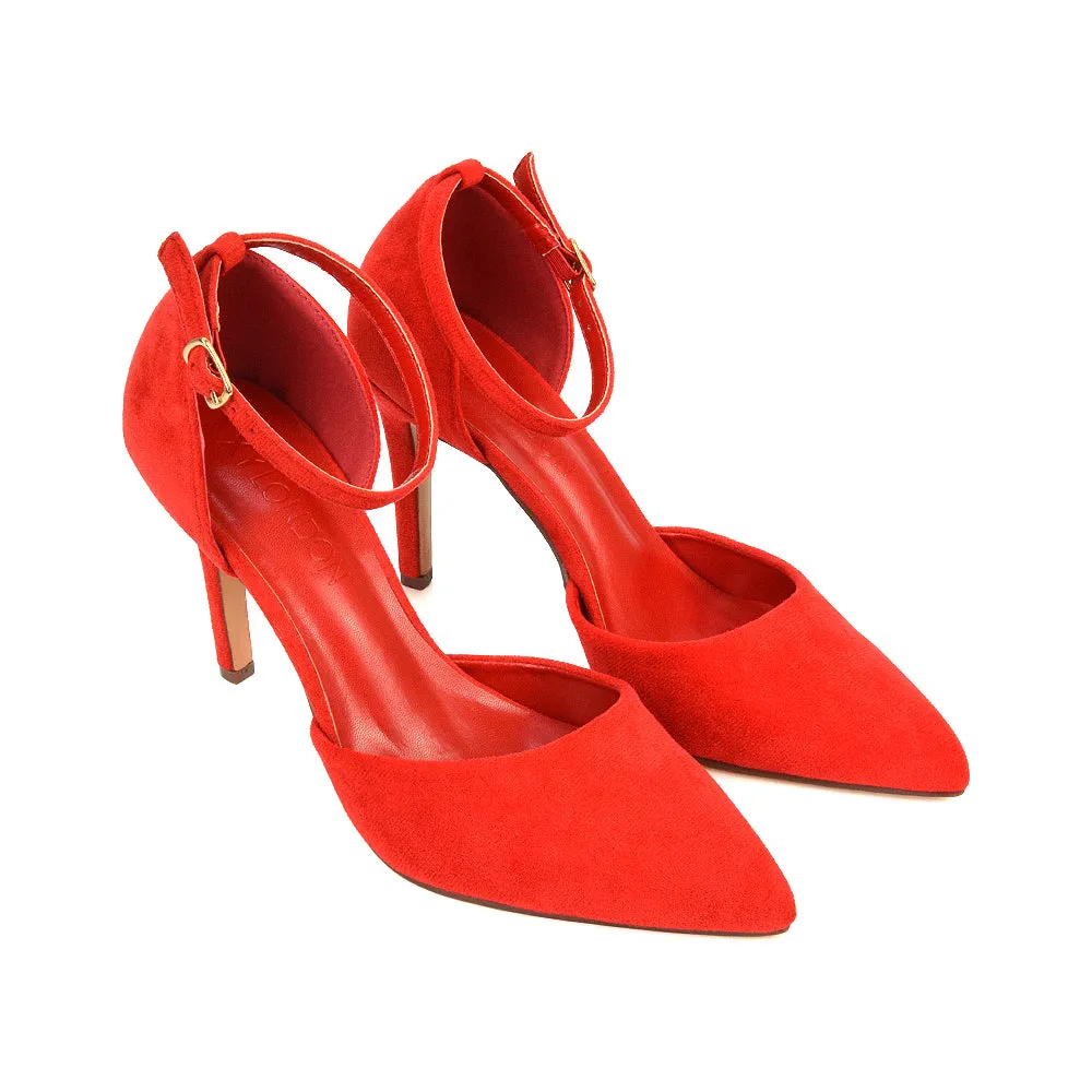 Ami High Heel Stilettos Pointed Toe Strappy Court Shoes in Red Faux Suede sold by XYlondon product image thumbnail 4