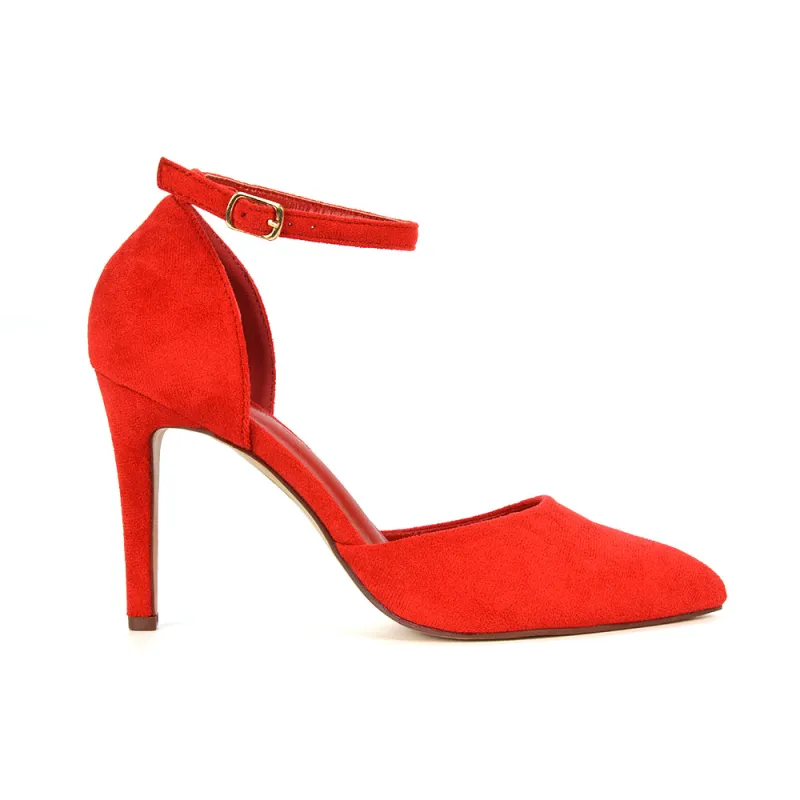 Ami High Heel Stilettos Pointed Toe Strappy Court Shoes in Red Faux Suede sold by XYlondon