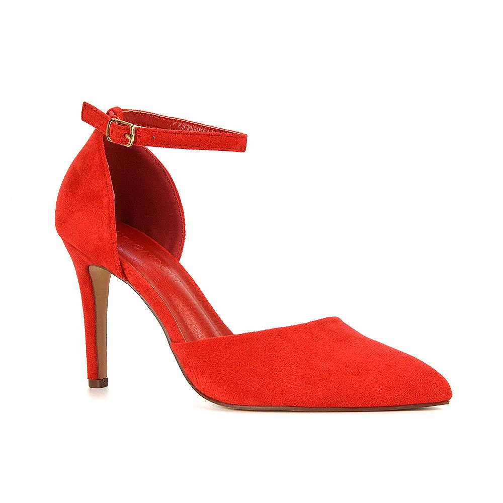 Ami High Heel Stilettos Pointed Toe Strappy Court Shoes in Red Faux Suede sold by XYlondon product image thumbnail 2