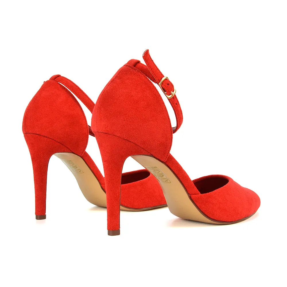 Ami High Heel Stilettos Pointed Toe Strappy Court Shoes in Red Faux Suede sold by XYlondon product image thumbnail 5