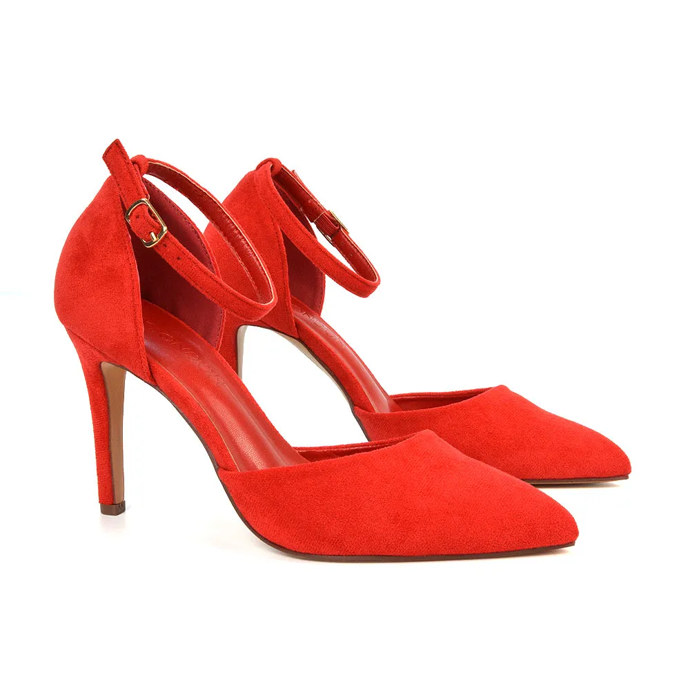 Ami High Heel Stilettos Pointed Toe Strappy Court Shoes in Red Faux Suede sold by XYlondon product image thumbnail 3