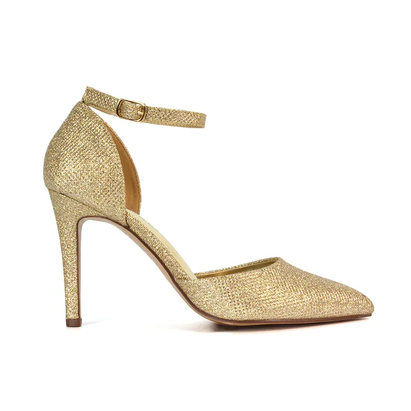 Ami High Heel Stilettos Pointed Toe Strappy Court Shoes in Gold Glitter sold by XYlondon