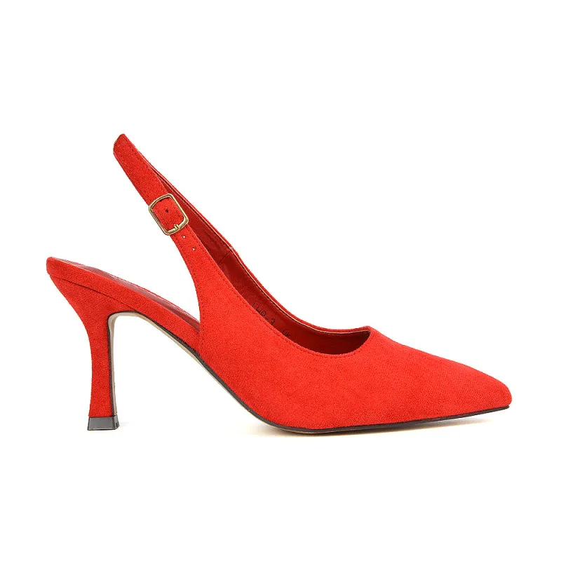 Valerie Stiletto High Heel Closed Toe Slingback Court Shoes in Red Faux Suede made by XYlondon