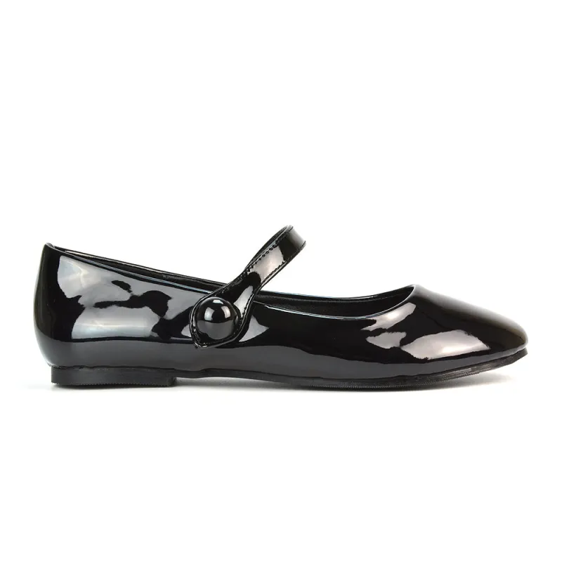 Liza Flat Pump Strappy Round Toe Ballerina Shoes in Black Patent sold by XYlondon