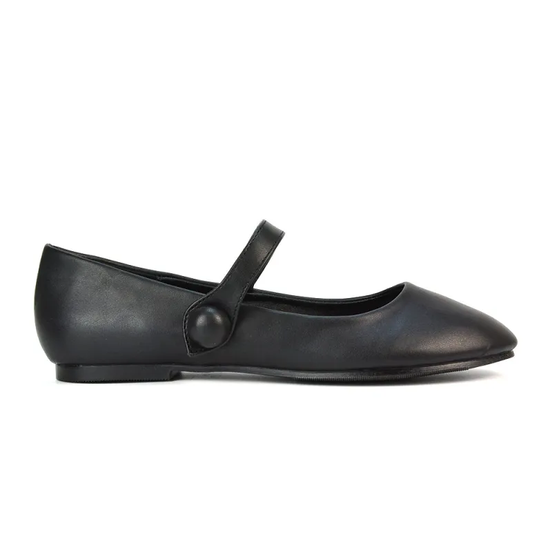 Liza Flat Pump Strappy Round Toe Ballerina Shoes in Black Synthetic Leather sold by XYlondon