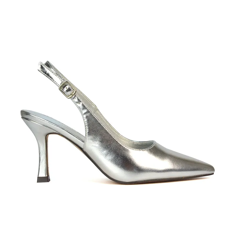 Valerie Stiletto High Heel Closed Toe Slingback Court Shoes in Silver Metallic sold by XYlondon