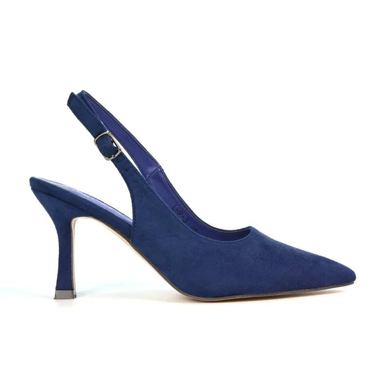 Valerie Stiletto High Heel Closed Toe Slingback Court Shoes in Navy Faux Suede sold by XYlondon