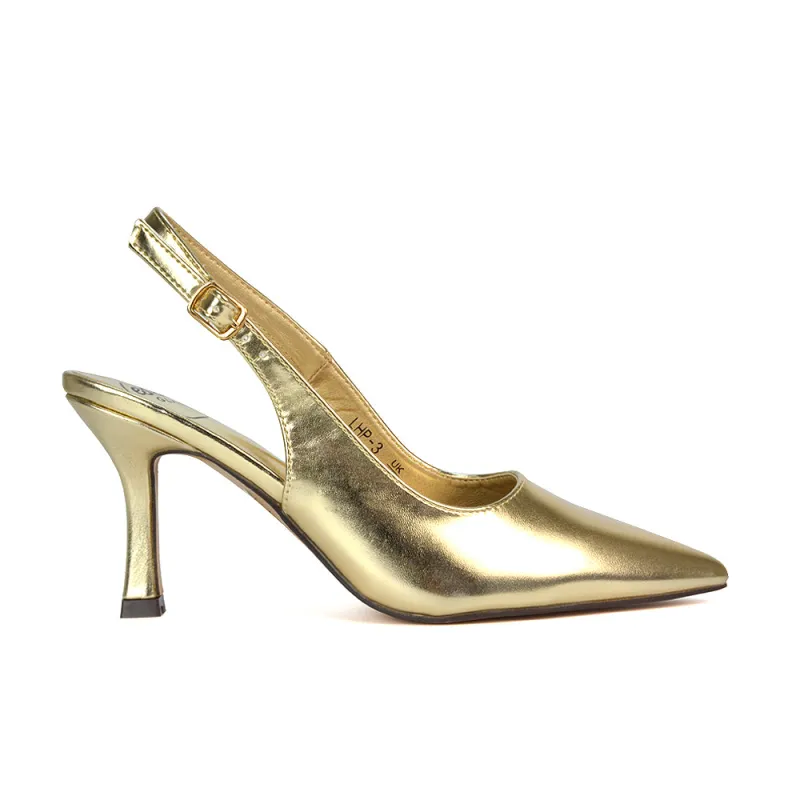 Valerie Stiletto High Heel Closed Toe Slingback Court Shoes in Gold Metallic sold by XYlondon