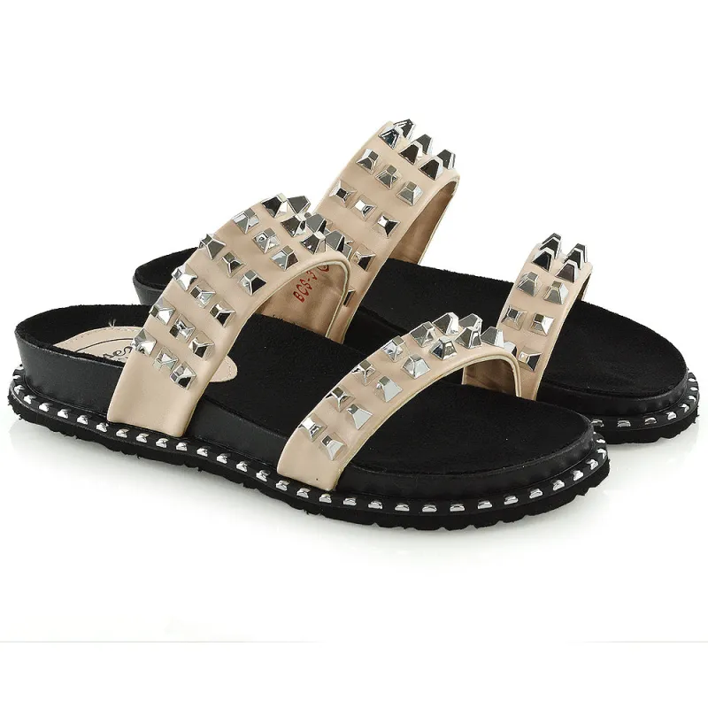 Hattie Slip On Double Strap Flat Summer Sandals Slides With Studs In Nude sold by XYlondon