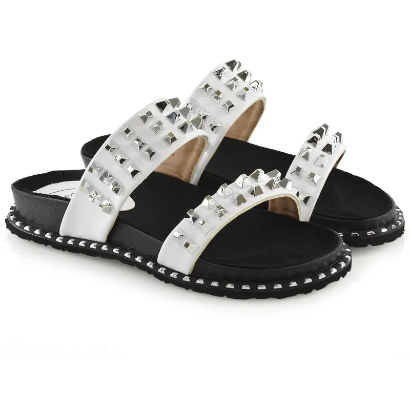 Hattie Slip On Double Strap Flat Summer Sandals Slides With Studs In White sold by XYlondon