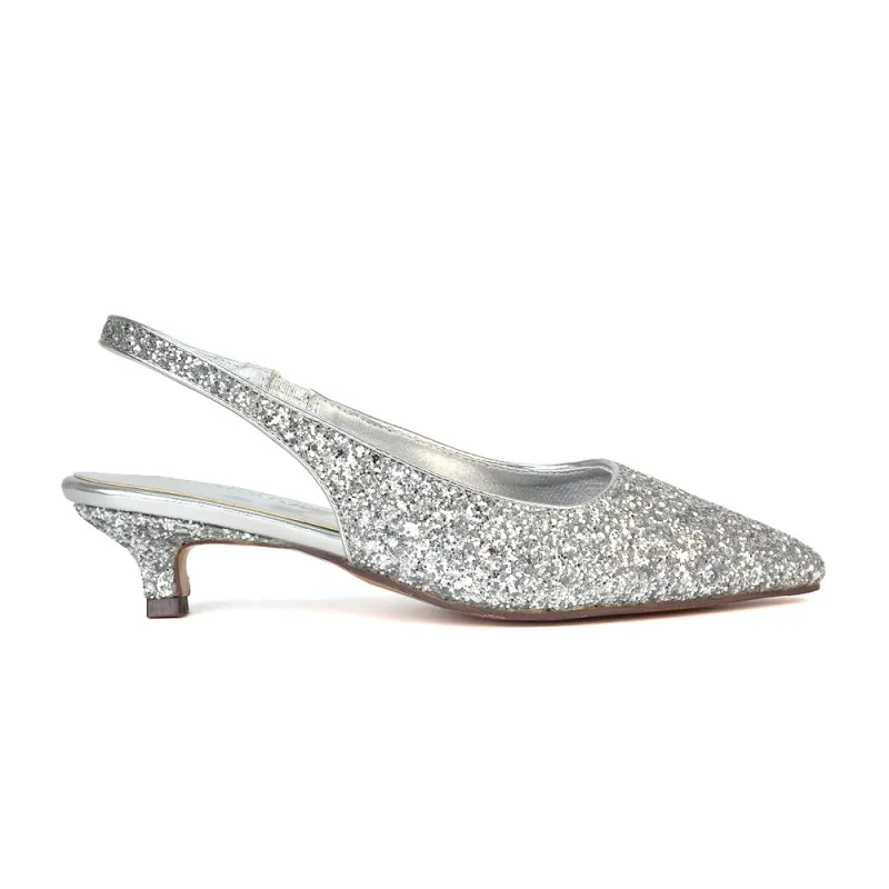 Gerri Pointed Toe Glitter Slingback Kitten Heel Court Shoes in Silver Glitter sold by XYlondon