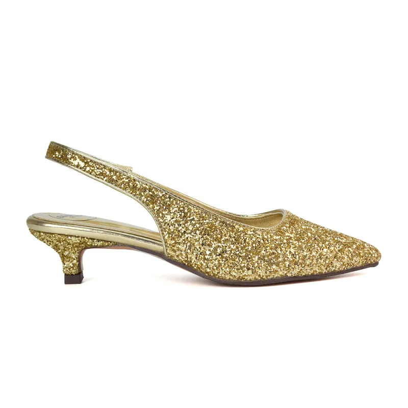 Gerri Pointed Toe Glitter Slingback Kitten Heel Court Shoes in Gold Glitter sold by XYlondon