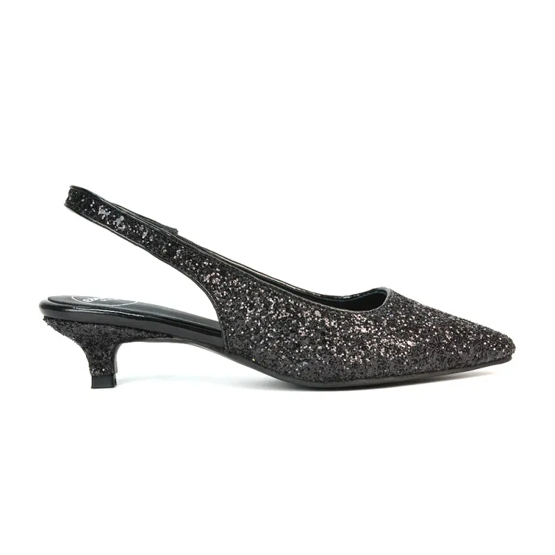 Gerri Pointed Toe Glitter Slingback Kitten Heel Court Shoes in Black Glitter sold by XYlondon