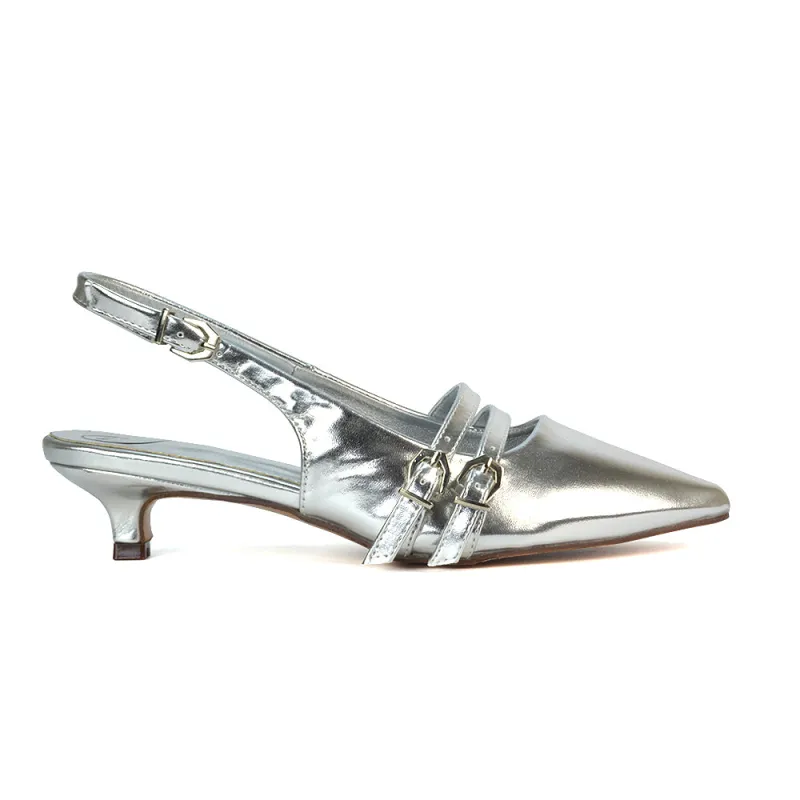 Kaden Kitten Heel Slingback Pointed Toe Buckle Strappy Court Heels in Silver Metallic sold by XYlondon