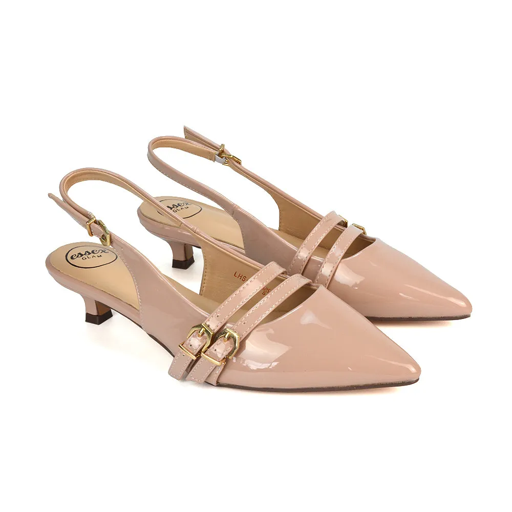 Kaden Kitten Heel Slingback Pointed Toe Buckle Strappy Court Heels in Nude Patent sold by XYlondon product image thumbnail 2