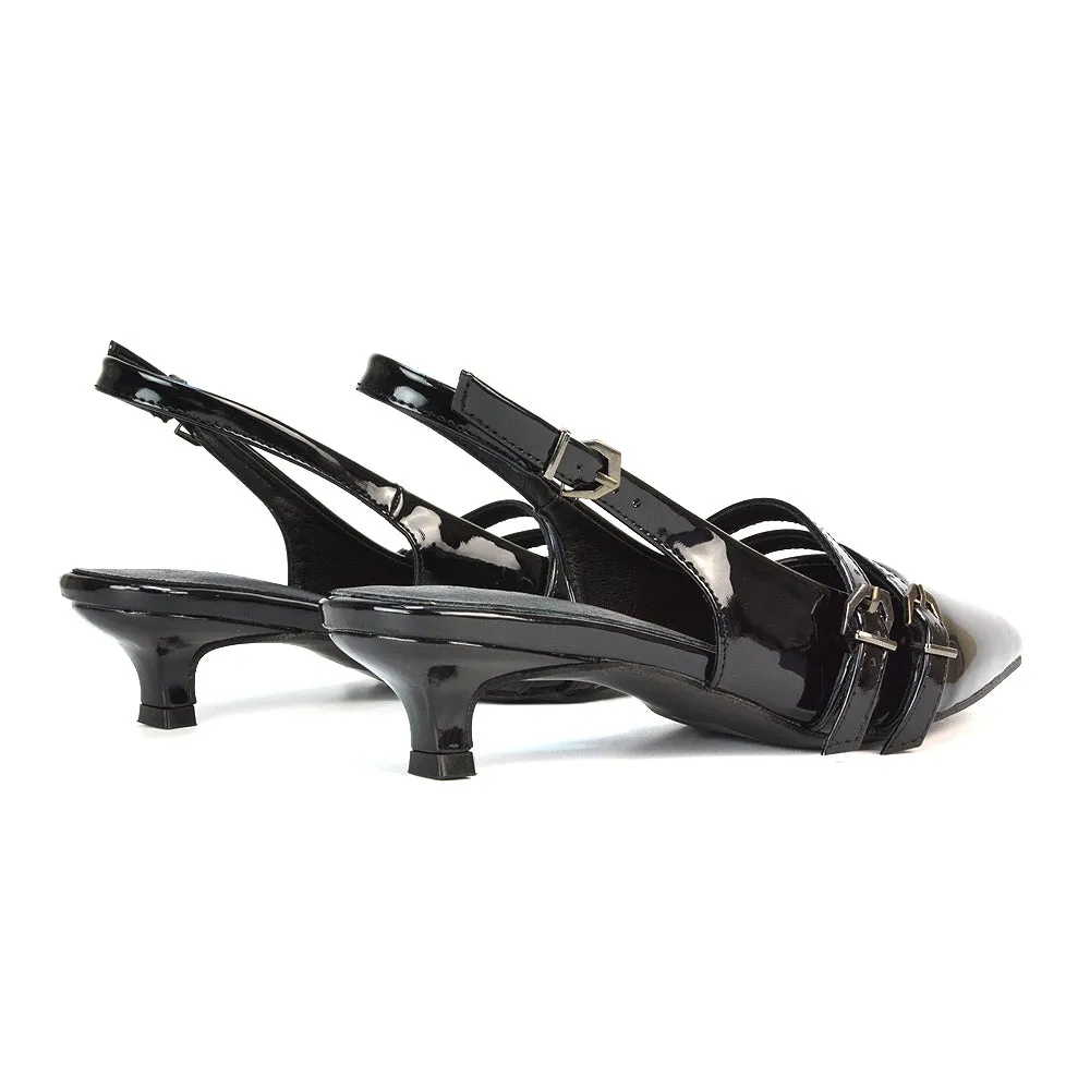 Kaden Kitten Heel Slingback Pointed Toe Buckle Strappy Court Heels in Black Patent sold by XYlondon product image thumbnail 3