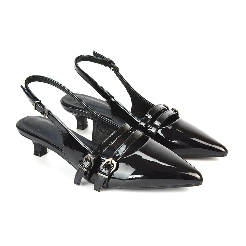 Kaden Kitten Heel Slingback Pointed Toe Buckle Strappy Court Heels in Black Patent sold by XYlondon product image thumbnail 2