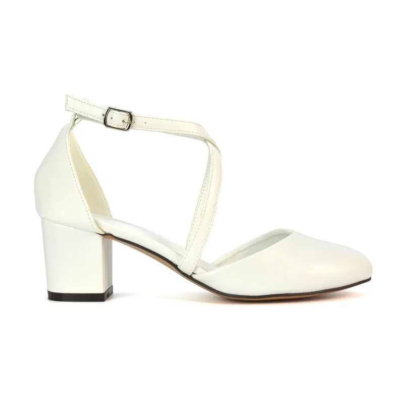 Riana Closed Toe Mid Block Heel Sandal Court Shoes in White Synthetic Leather sold by XYlondon