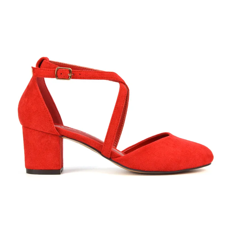 Riana Closed Toe Mid Block Heel Sandal Court Shoes in Red Faux Suede sold by XYlondon