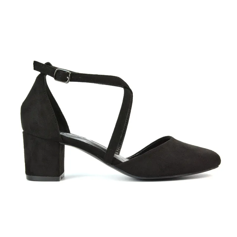 Riana Closed Toe Mid Block Heel Sandal Court Shoes in Black Faux Suede sold by XYlondon