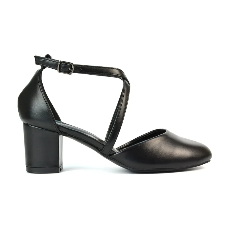 Riana Closed Toe Mid Block Heel Sandal Court Shoes in Black Synthetic Leather sold by XYlondon