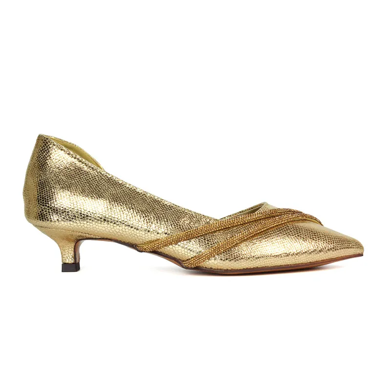 Lucie Low Kitten Heel Diamante Rhinestone Pointed Toe Court Heels in Gold sold by XYlondon