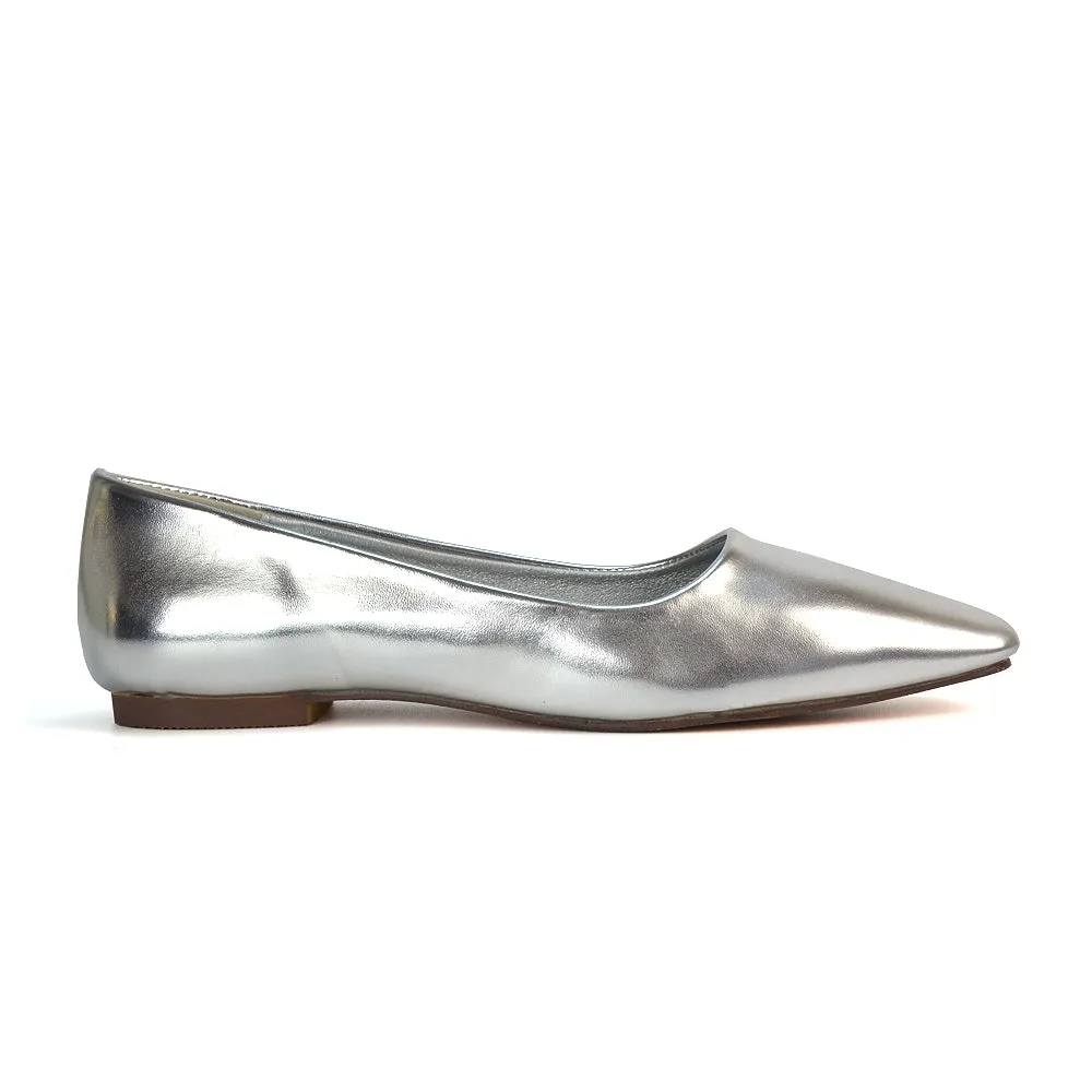 Maci Square Toe Slip on Flat Heel Ballerina Pumps in Silver Metallic sold by XYlondon