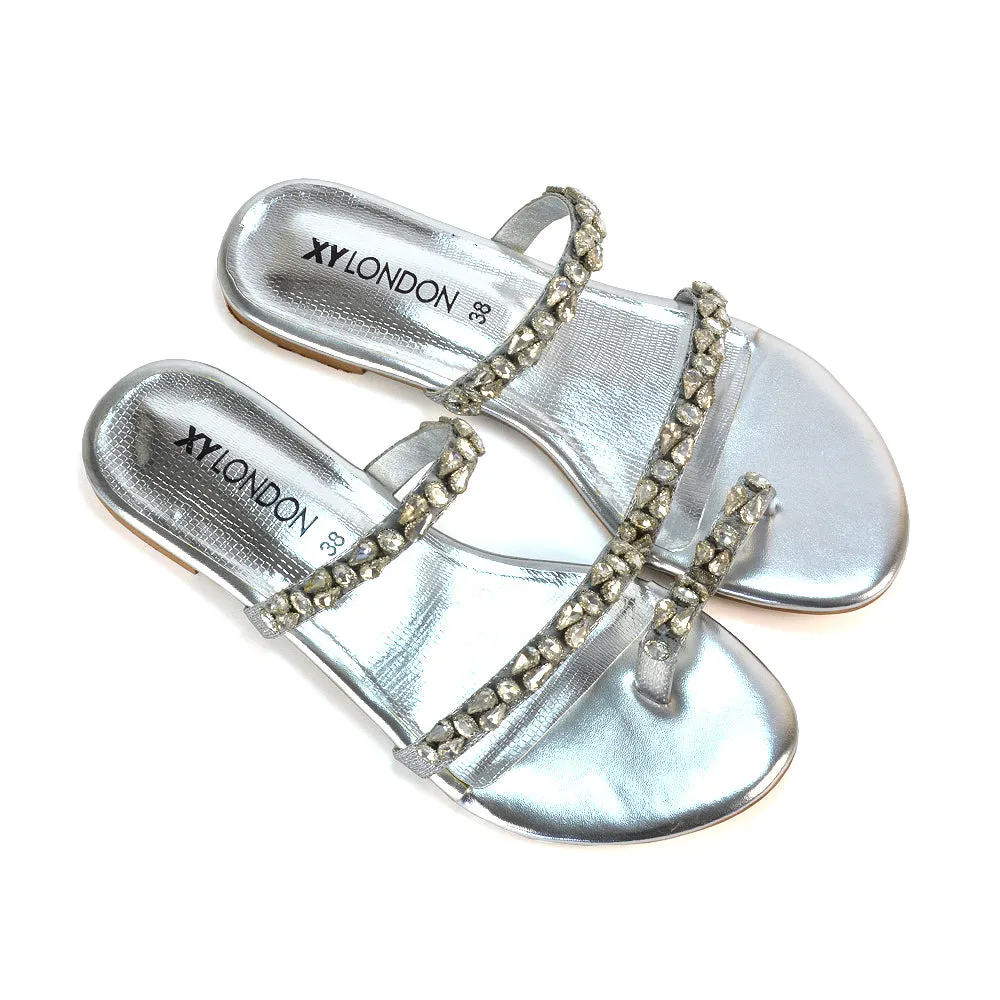 Jordana Diamante Flat Sandals Toe Post Rhinestone Summer Slides in Silver sold by XYlondon product image thumbnail 5