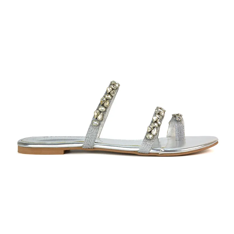 Jordana Diamante Flat Sandals Toe Post Rhinestone Summer Slides in Silver sold by XYlondon
